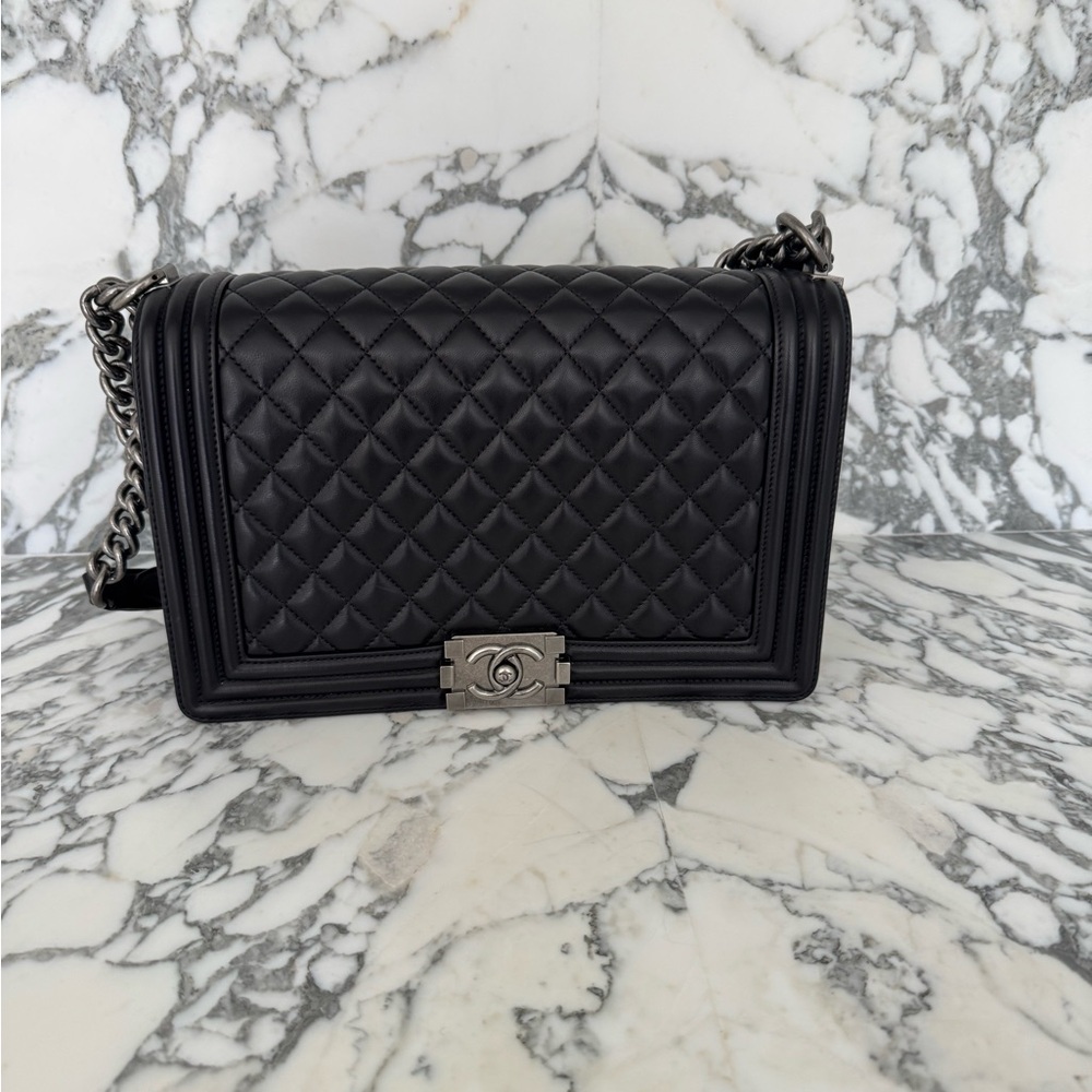 CHANEL Black Lambskin ruthenium medium size boy bag